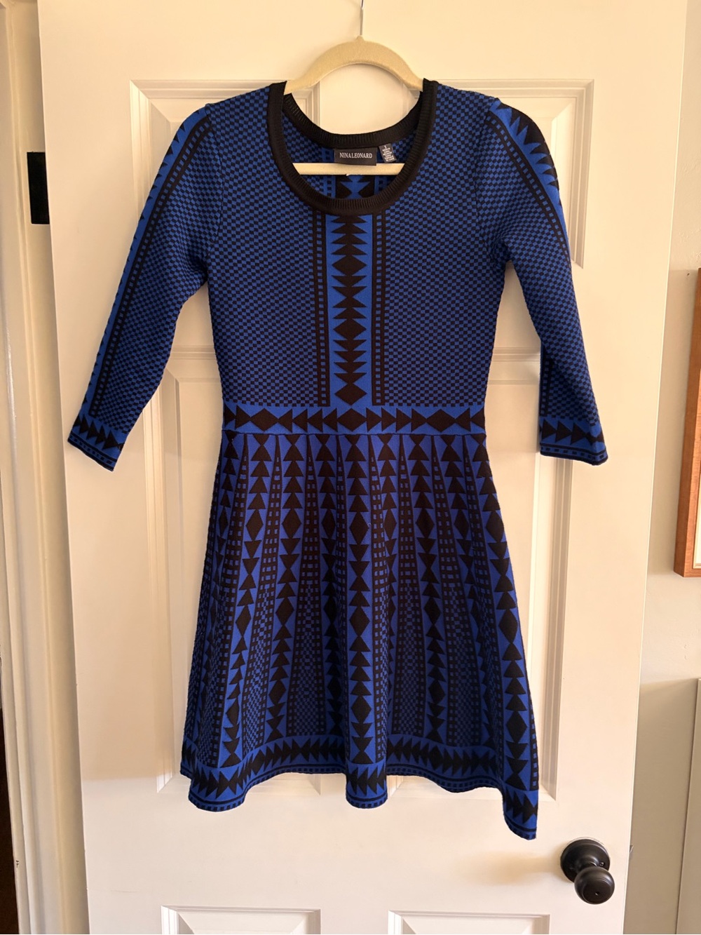 Nina Leonard Blue and Black Geometric-Print Mini Sweater Dress